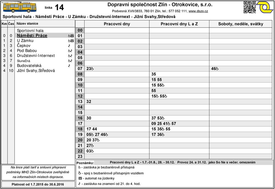 omezením - zastávka je bezbariérově přístupná - spoj s bezbariérově přístupným vozidlem -