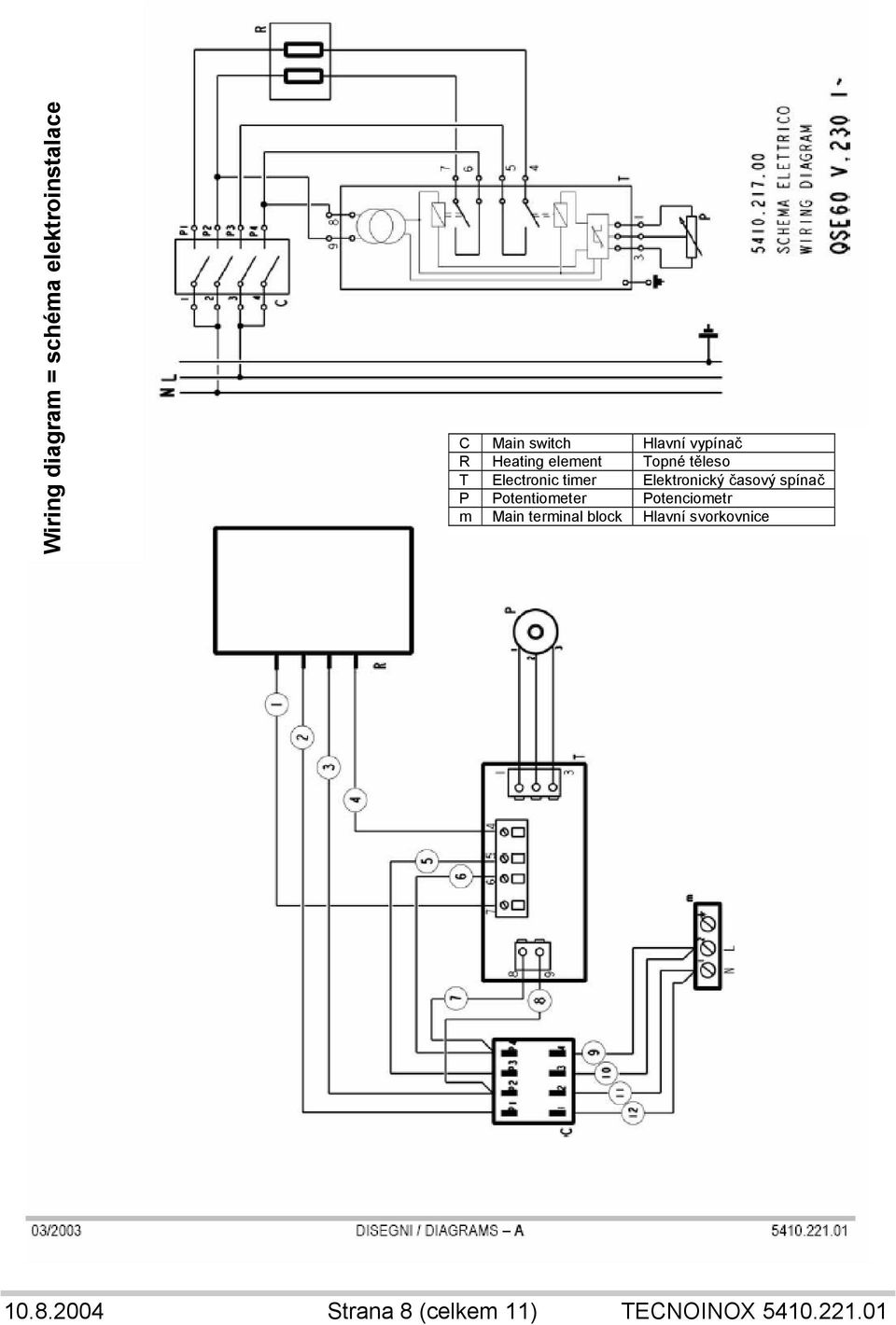 Elektronický časový spínač P Potentiometer Potenciometr m Main