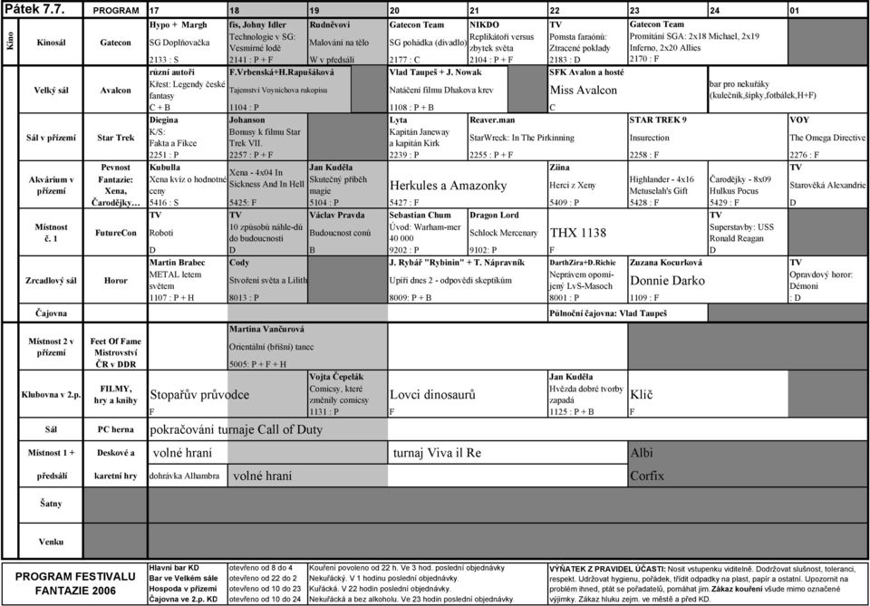 sál Gatecon SG Doplňovačka Malování na tělo SG pohádka (divadlo) Vesmírné lodě zbytek světa Ztracené poklady Inferno, 2x20 Allies 2133 : S 2141 : P + F W v předsálí 2177 : C 2104 : P + F 2183 : D