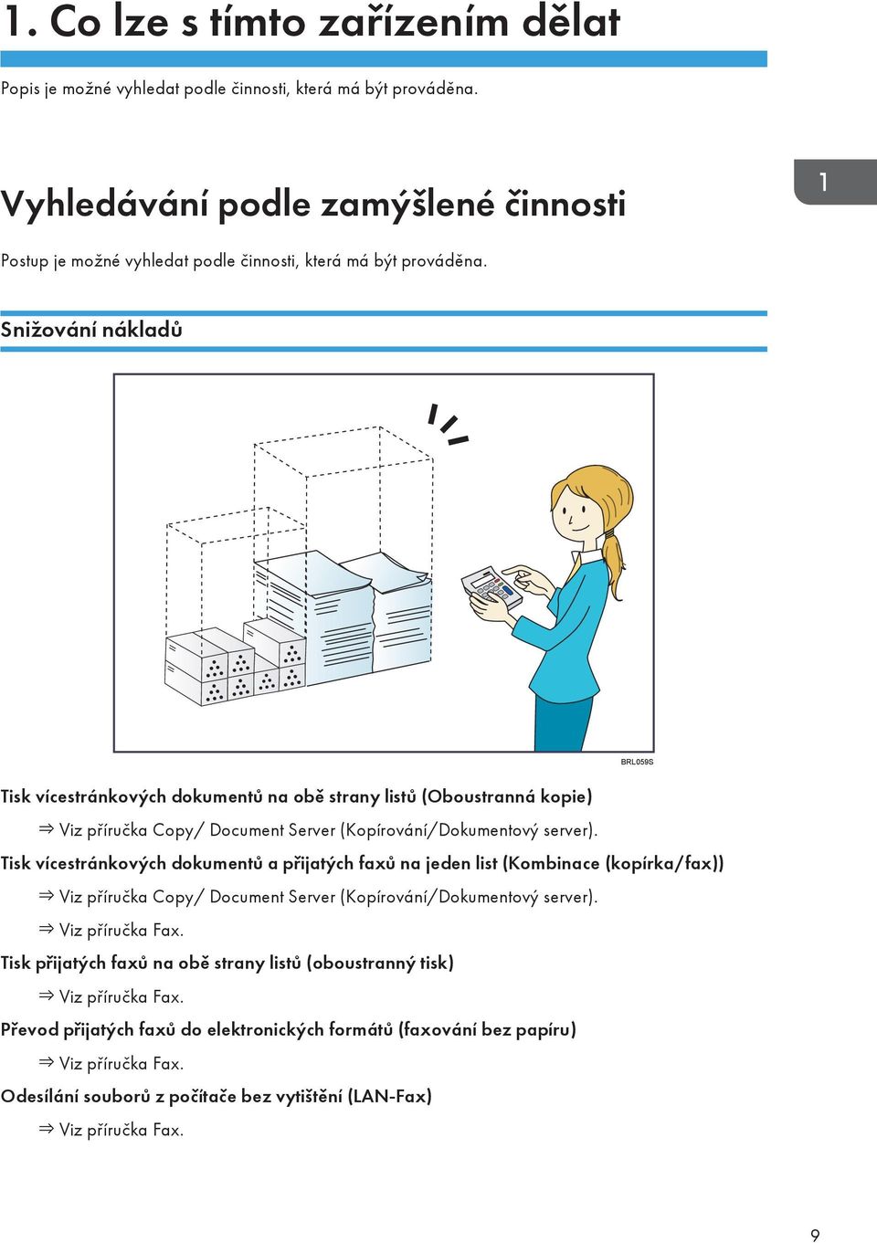 Snižování nákladů BRL059S Tisk vícestránkových dokumentů na obě strany listů (Oboustranná kopie) Viz příručka Copy/ Document Server (Kopírování/Dokumentový server).