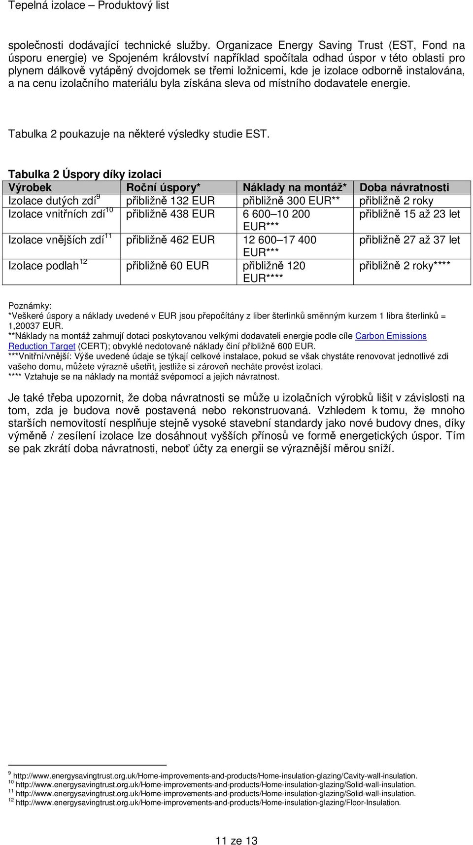 izolace odborně instalována, a na cenu izolačního materiálu byla získána sleva od místního dodavatele energie. Tabulka 2 poukazuje na některé výsledky studie EST.