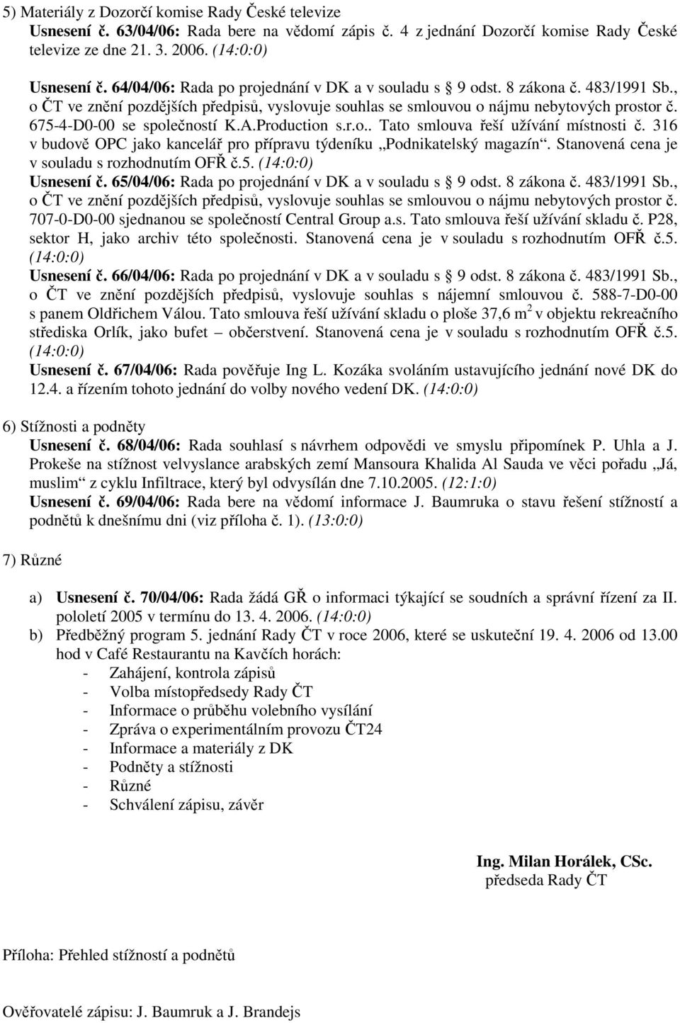 675-4-D0-00 se společností K.A.Production s.r.o.. Tato smlouva řeší užívání místnosti č. 316 v budově OPC jako kancelář pro přípravu týdeníku Podnikatelský magazín.