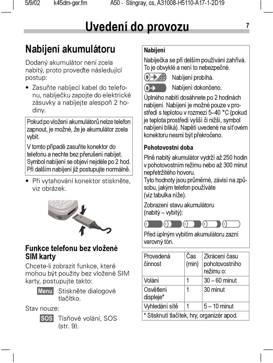 Symbol nabíjení se objeví nejdéle po 2 hod. Při dalším nabíjení již postupujte normálně. Při vytahování konektor stiskněte, viz obrázek.