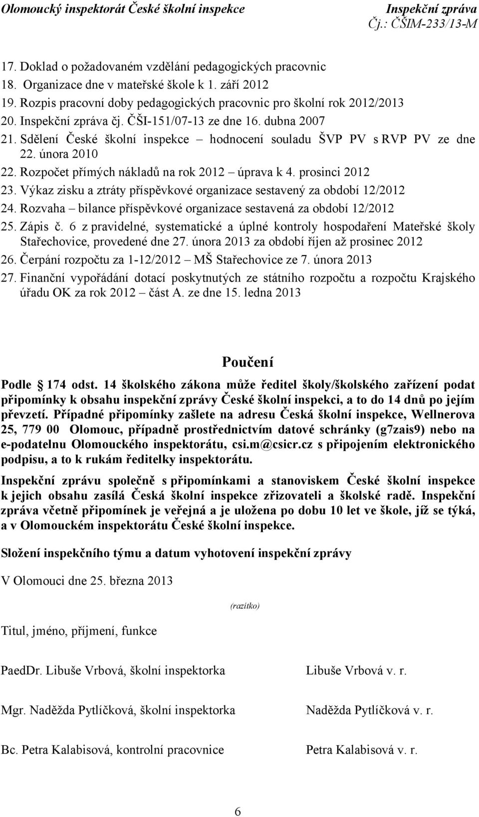 Výkaz zisku a ztráty příspěvkové organizace sestavený za období 12/2012 24. Rozvaha bilance příspěvkové organizace sestavená za období 12/2012 25. Zápis č.