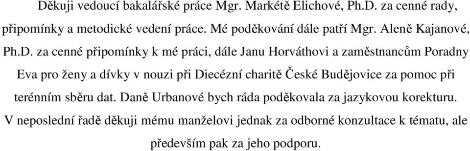 za cenné připomínky k mé práci, dále Janu Horváthovi a zaměstnancům Poradny Eva pro ženy a dívky v nouzi při Diecézní charitě