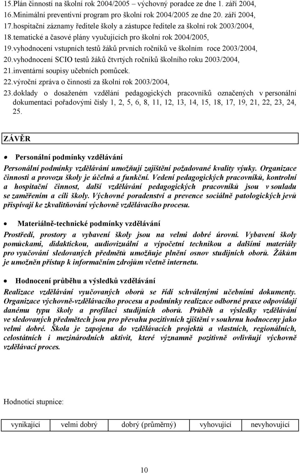 vyhodnocení vstupních testů žáků prvních ročníků ve školním roce 2003/2004, 20.vyhodnocení SCIO testů žáků čtvrtých ročníků školního roku 2003/2004, 21.inventární soupisy učebních pomůcek. 22.