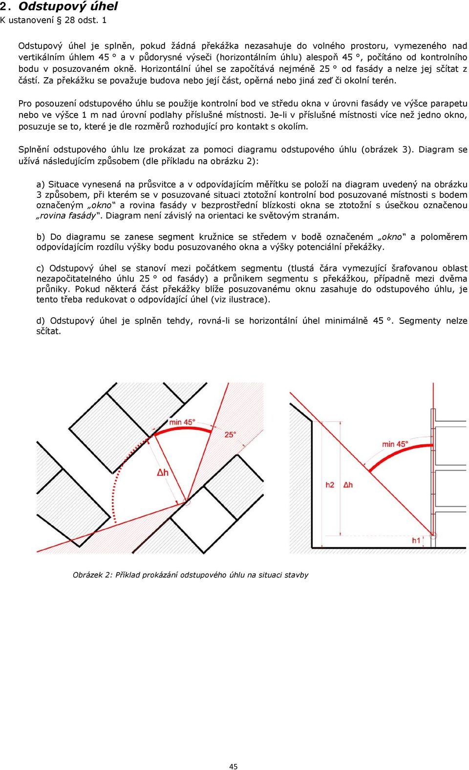 v posuzovaném okně. Horizontální úhel se započítává nejméně 25 od fasády a nelze jej sčítat z částí. Za překážku se považuje budova nebo její část, opěrná nebo jiná zeď či okolní terén.