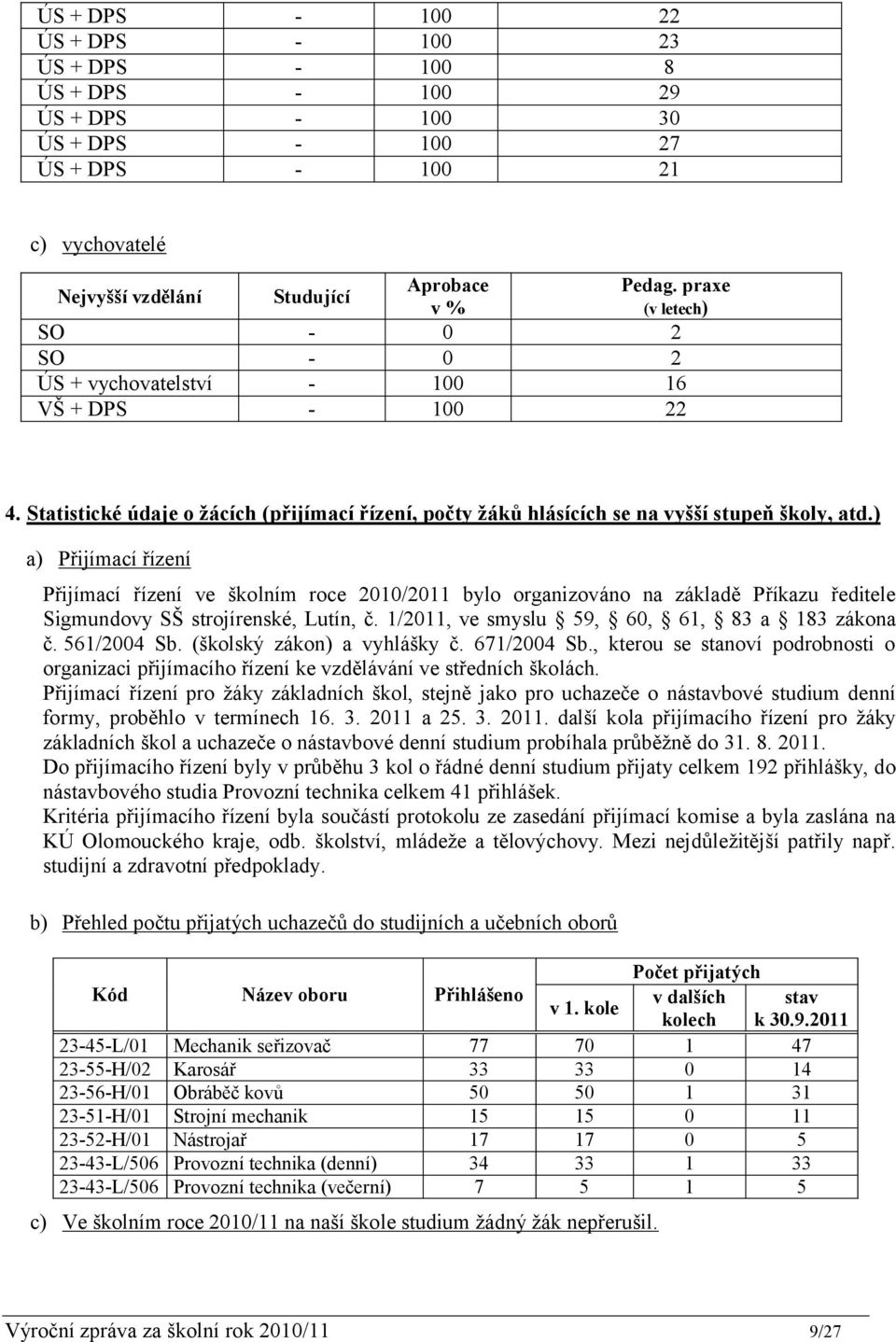 ) a) Přijímací řízení Přijímací řízení ve školním roce 2010/2011 bylo organizováno na základě Příkazu ředitele Sigmundovy SŠ strojírenské, Lutín, č. 1/2011, ve smyslu 59, 60, 61, 83 a 183 zákona č.