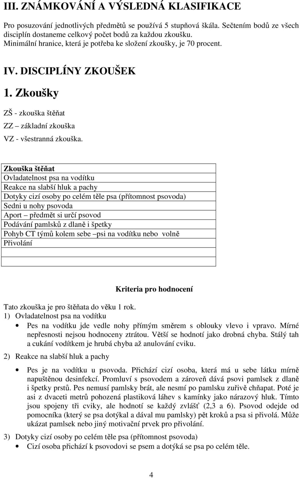 Zkouška štěňat Ovladatelnost psa na vodítku Reakce na slabší hluk a pachy Dotyky cizí osoby po celém těle psa (přítomnost psovoda) Sedni u nohy psovoda Aport předmět si určí psovod Podávání pamlsků z