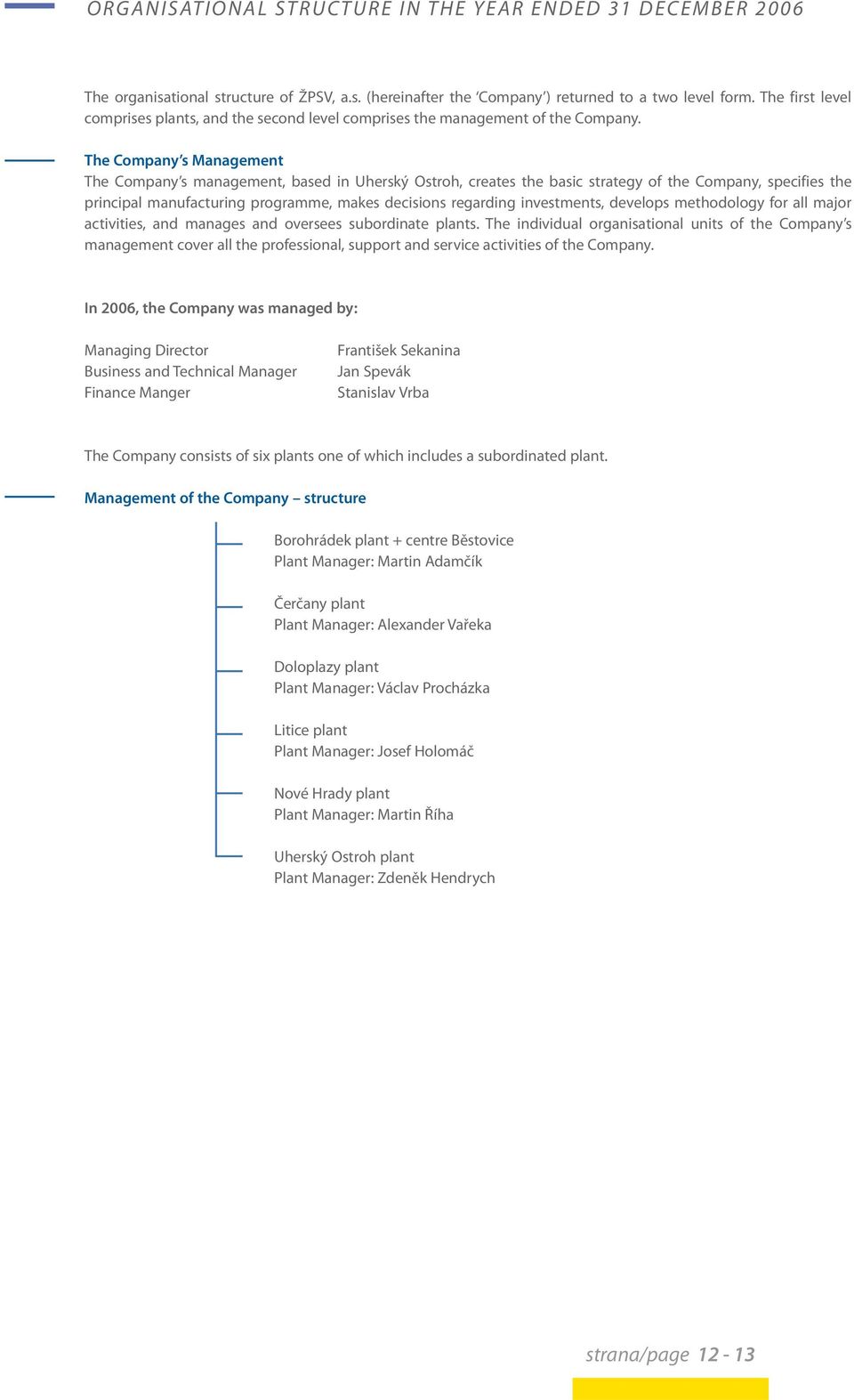 The Company s Management The Company s management, based in Uherský Ostroh, creates the basic strategy of the Company, specifies the principal manufacturing programme, makes decisions regarding