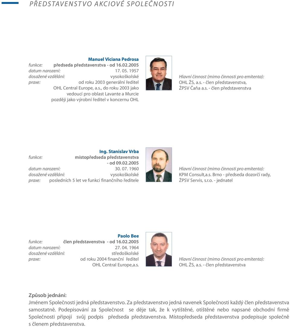 s. - člen představenstva, ŽPSV Čaňa a.s. - člen představenstva Ing. Stanislav Vrba funkce: místopředseda představenstva - od 09.02.2005 datum narození: 30. 07.