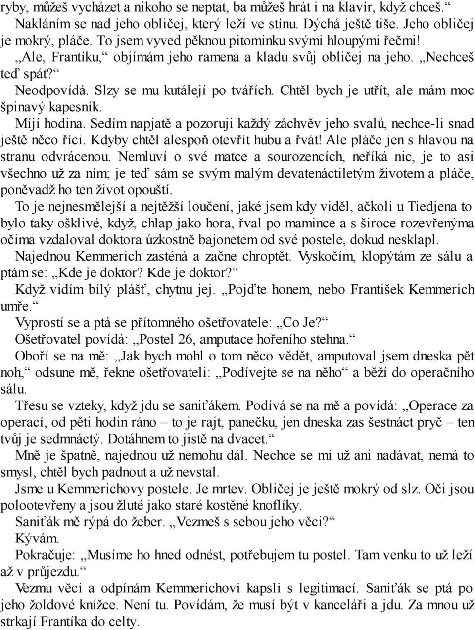 Chtěl bych je utřít, ale mám moc špinavý kapesník. Míjí hodina. Sedím napjatě a pozoruji každý záchvěv jeho svalů, nechce-li snad ještě něco říci. Kdyby chtěl alespoň otevřít hubu a řvát!