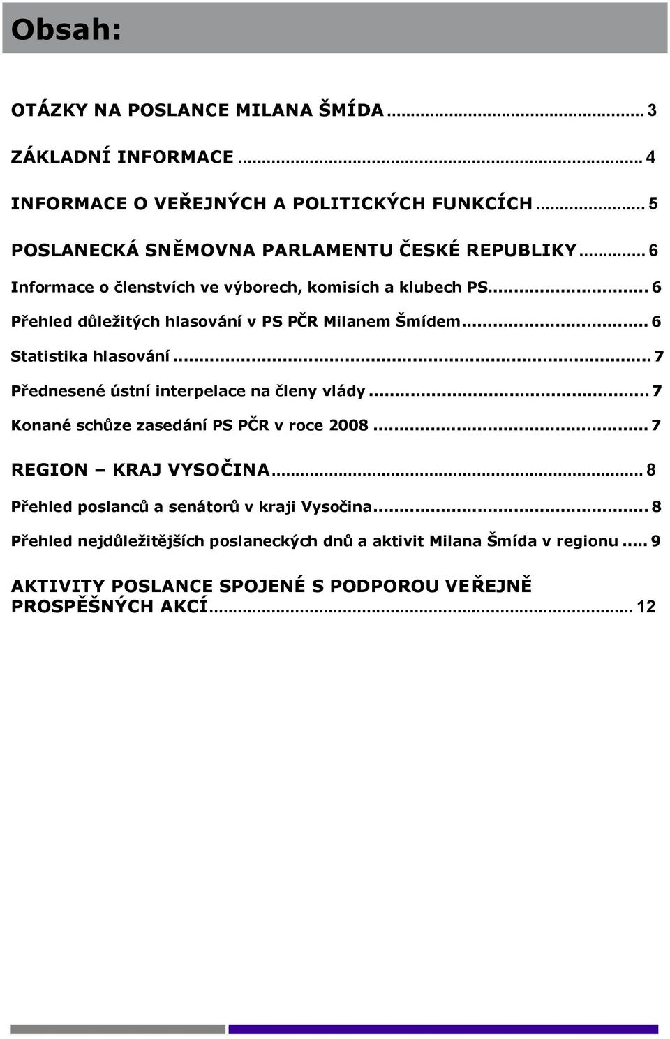 ..6 Přehled důležitých hlasování v PS PČR Milanem Šmídem...6 Statistika hlasování...7 Přednesené ústní interpelace na členy vlády.