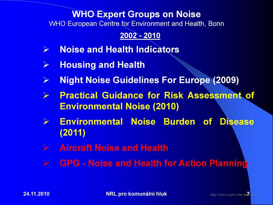 Assessment of Environmental Noise (2010) Environmental Noise Burden of Disease (2011) Aircraft Noise and