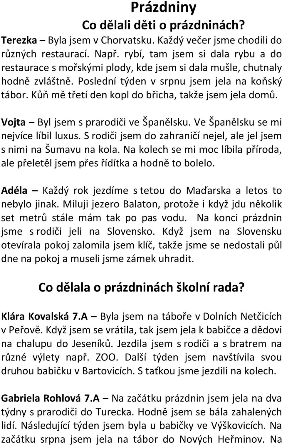 Kůň mě třetí den kopl do břicha, takže jsem jela domů. Vojta Byl jsem s prarodiči ve Španělsku. Ve Španělsku se mi nejvíce líbil luxus.