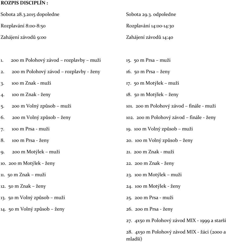200 m Motýlek muži 10. 200 m Motýlek - ženy 11. 50 m Znak muži 12. 50 m Znak ženy 13. 50 m Volný způsob muži 14. 50 m Volný způsob ženy 15. 50 m Prsa muži 16. 50 m Prsa ženy 17. 50 m Motýlek muži 18.