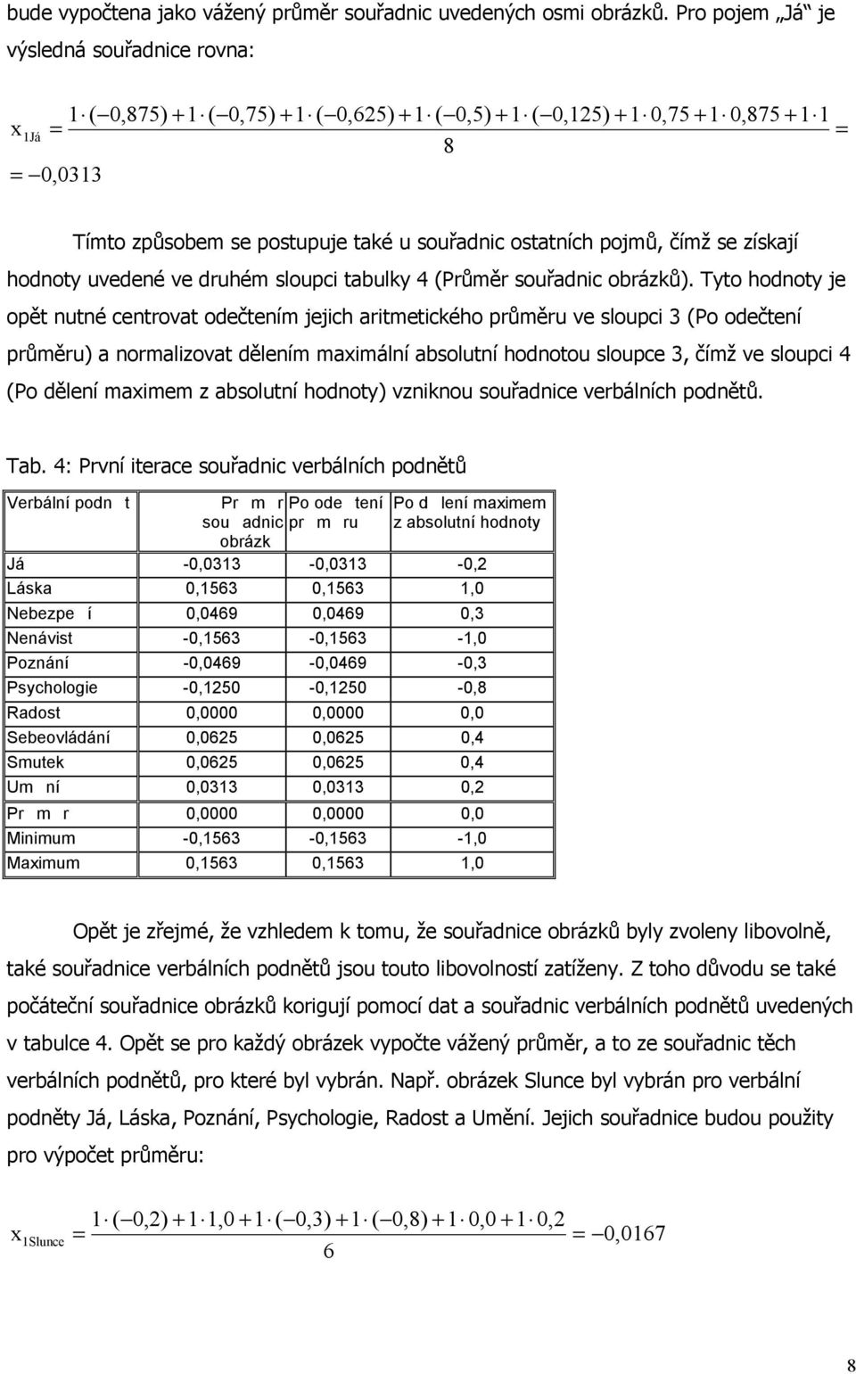 ostatních pojmů, čímž se získají hodnoty uvedené ve druhém sloupci tabulky 4 (Průměr souřadnic obrázků).