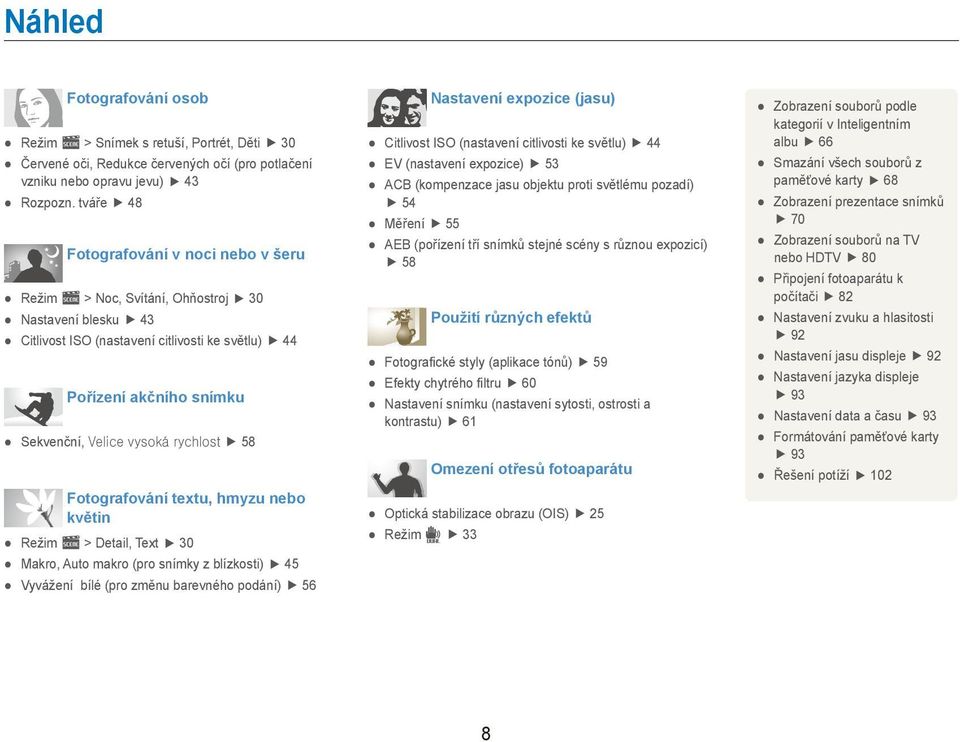 Fotografování textu, hmyzu nebo květin Režim s > Detail, Text 30 Makro, Auto makro (pro snímky z blízkosti) 45 Vyvážení bílé (pro změnu barevného podání) 56 Nastavení expozice (jasu) Citlivost ISO