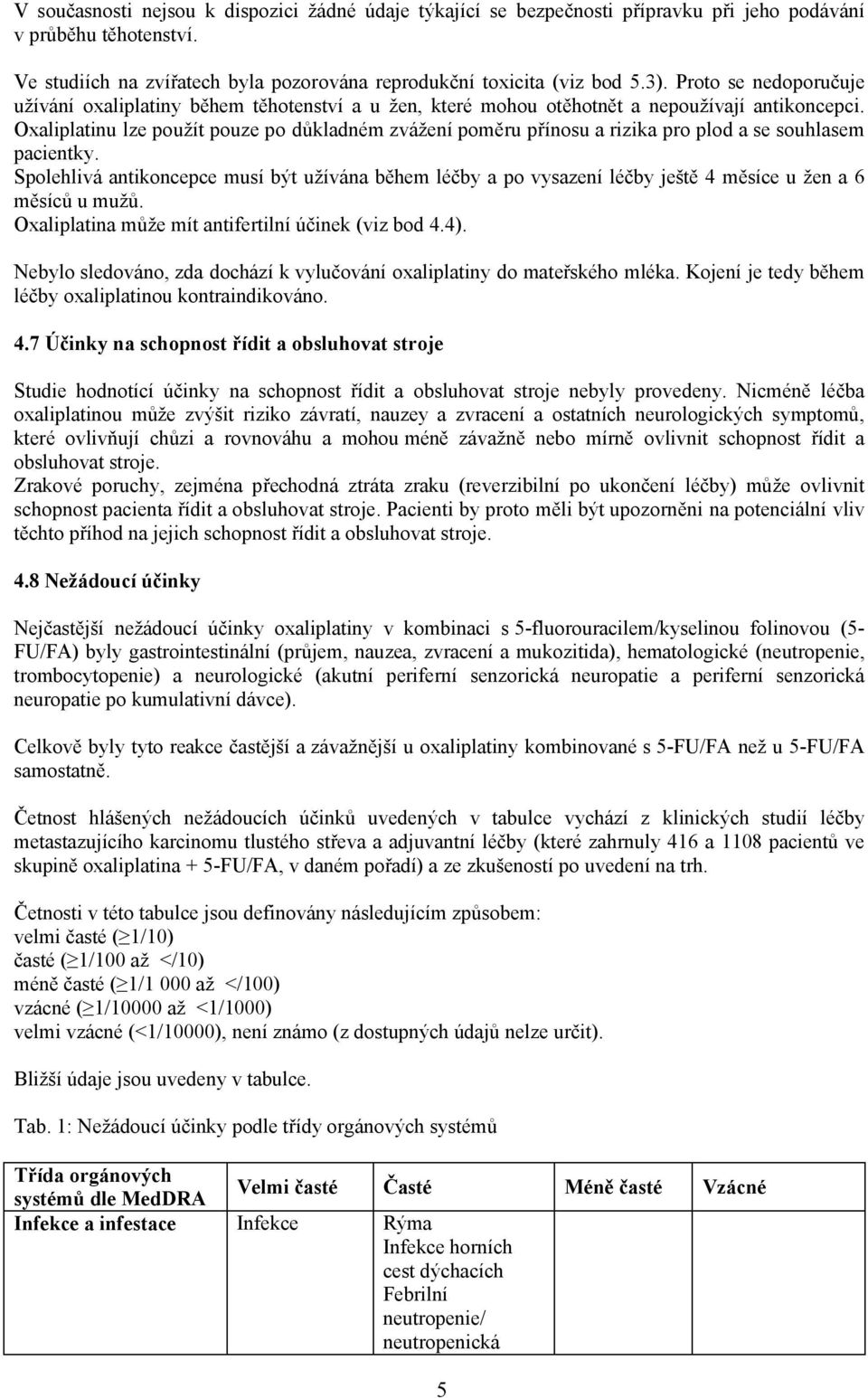 Oxaliplatinu lze použít pouze po důkladném zvážení poměru přínosu a rizika pro plod a se souhlasem pacientky.