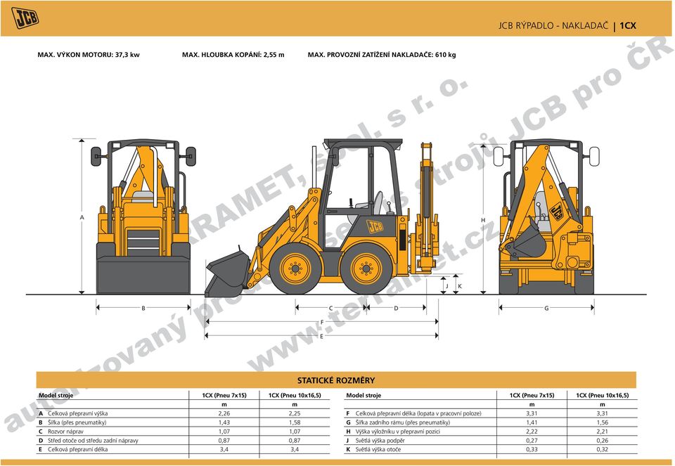 Celková přepravní výška 2,26 2,25 F Celková přepravní délka (lopata v pracovní poloze) 3,31 3,31 B Šířka (přes pneumatiky) 1,43 1,58 G Šířka zadního rámu