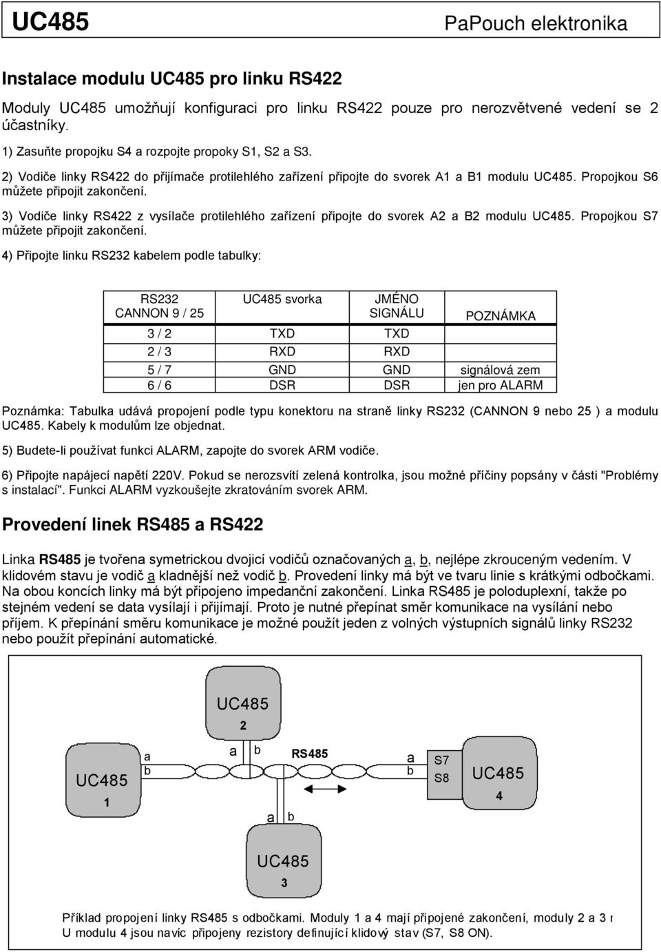 3) Vodiče linky RS422 z vysílče protilehlého zřízení připojte do svorek A2 B2 modulu. Propojkou S7 můžete připojit zkončení.