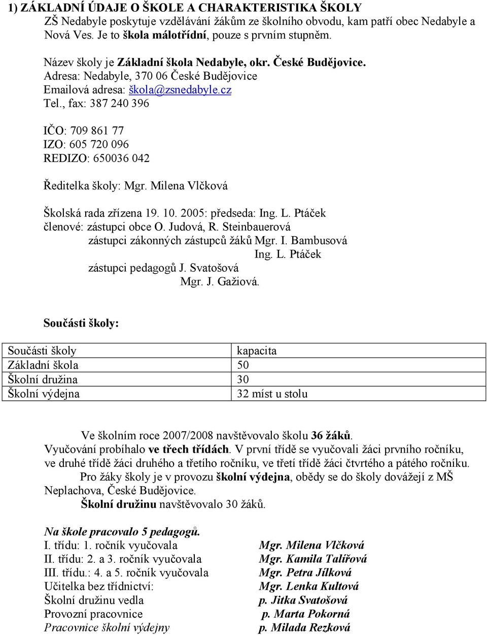 , fax: 387 240 396 IČO: 709 861 77 IZO: 605 720 096 REDIZO: 650036 042 Ředitelka školy: Mgr. Milena Vlčková Školská rada zřízena 19. 10. 2005: předseda: Ing. L. Ptáček členové: zástupci obce O.
