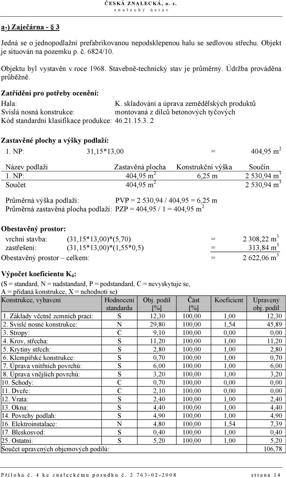 skladování a úprava zemědělských produktů Svislá nosná konstrukce: montovaná z dílců betonových tyčových Kód standardní klasifikace produkce: 46.21.15.3..2 Zastavěné plochy a výšky podlaží: 1.