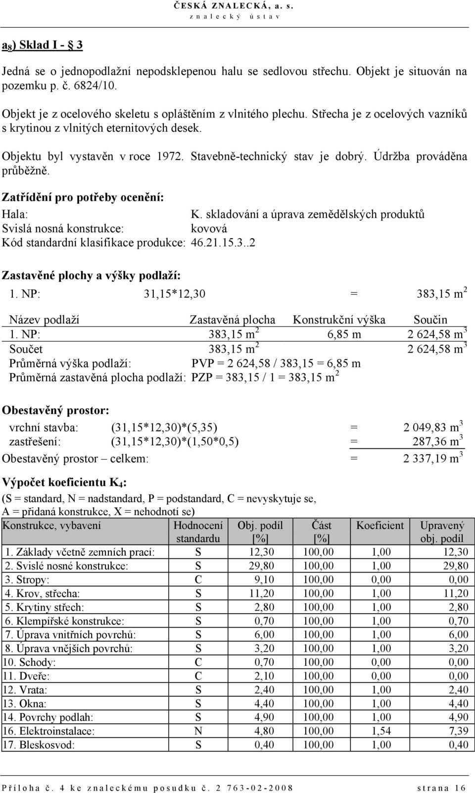 Zatřídění pro potřeby ocenění: Hala: K. skladování a úprava zemědělských produktů Svislá nosná konstrukce: kovová Kód standardní klasifikace produkce: 46.21.15.3..2 Zastavěné plochy a výšky podlaží: 1.