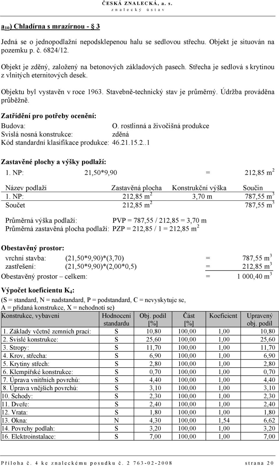 Údržba prováděna průběžně. Zatřídění pro potřeby ocenění: Budova: O. rostlinná a živočišná produkce Svislá nosná konstrukce: zděná Kód standardní klasifikace produkce: 46.21