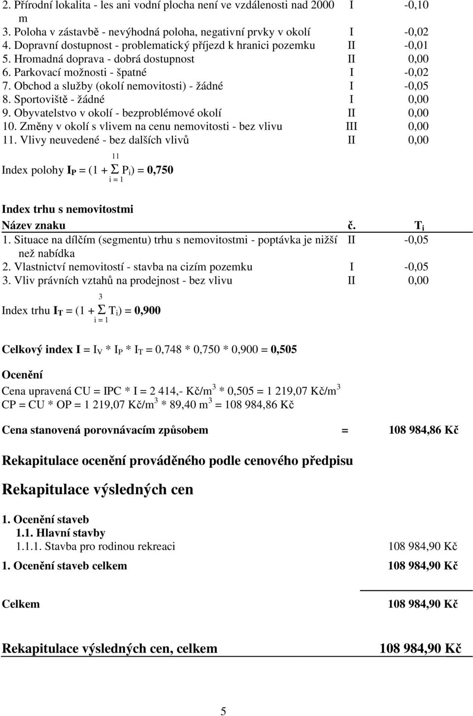 Obchod a služby (okolí nemovitosti) - žádné I -0,05 8. Sportoviště - žádné I 0,00 9. Obyvatelstvo v okolí - bezproblémové okolí II 0,00 10.