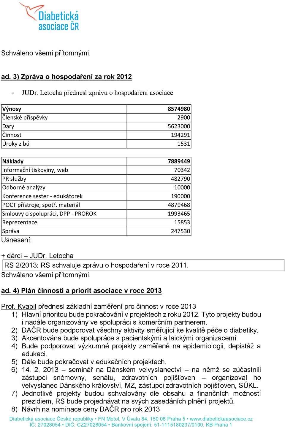 Odborné analýzy 10000 Konference sester - edukátorek 190000 POCT přístroje, spotř. materiál 4879468 Smlouvy o spolupráci, DPP - PROROK 1993465 Reprezentace 15853 Správa 247530 + dárci JUDr.