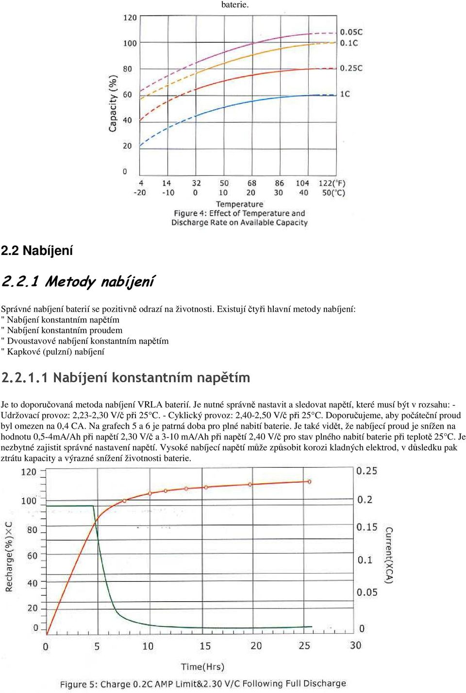 1 Nabíjení konstantním napětím Je to doporučovaná metoda nabíjení VRLA baterií. Je nutné správně nastavit a sledovat napětí, které musí být v rozsahu: - Udržovací provoz: 2,23-2,30 V/č při 25 C.