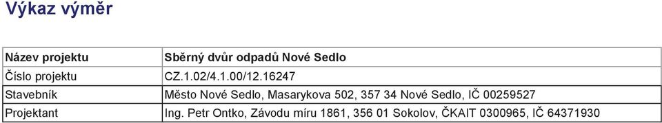 16247 Stavebník Msto Nové Sedlo, Masarykova 502, 357 34 Nové