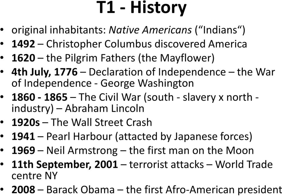 slavery x north - industry) Abraham Lincoln 1920s The Wall Street Crash 1941 Pearl Harbour (attacted by Japanese forces) 1969 Neil