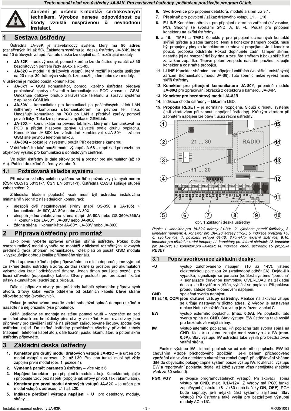 Základem systému je deska ústředny JA-83K, která má 10 drátových vstupů.