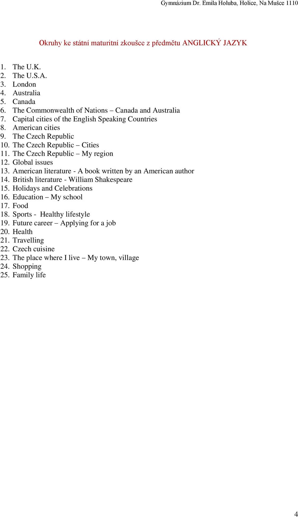American literature - A book written by an American author 14. British literature - William Shakespeare 15. Holidays and Celebrations 16. Education My school 17. Food 18.