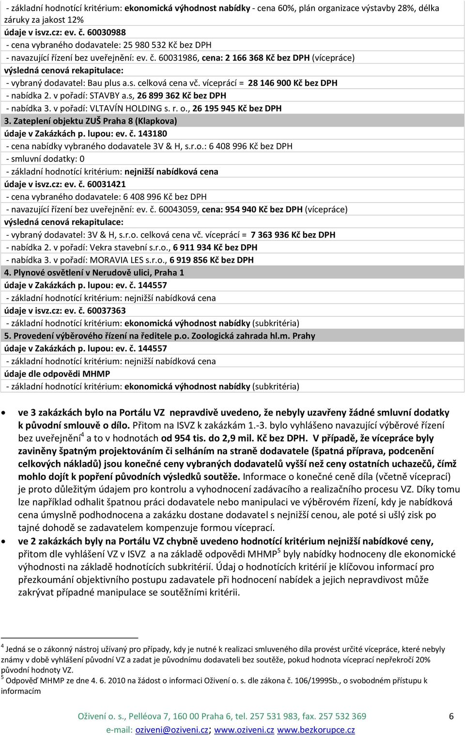 60031986, cena: 2 166 368 Kč bez DPH (vícepráce) výsledná cenová rekapitulace: - vybraný dodavatel: Bau plus a.s. celková cena vč. víceprácí = 28 146 900 Kč bez DPH - nabídka 2. v pořadí: STAVBY a.