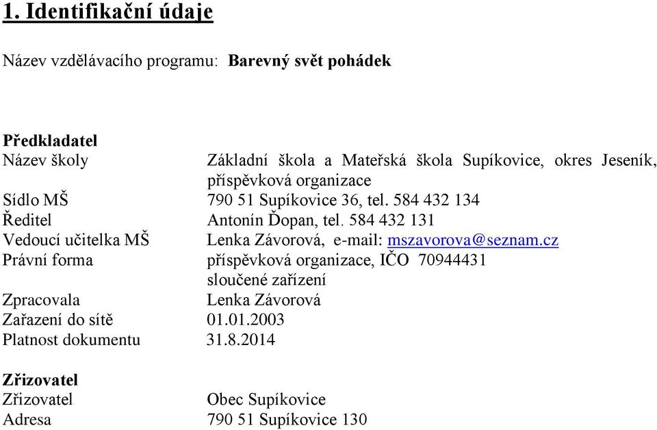 584 432 131 Vedoucí učitelka MŠ Lenka Závorová, e-mail: mszavorova@seznam.