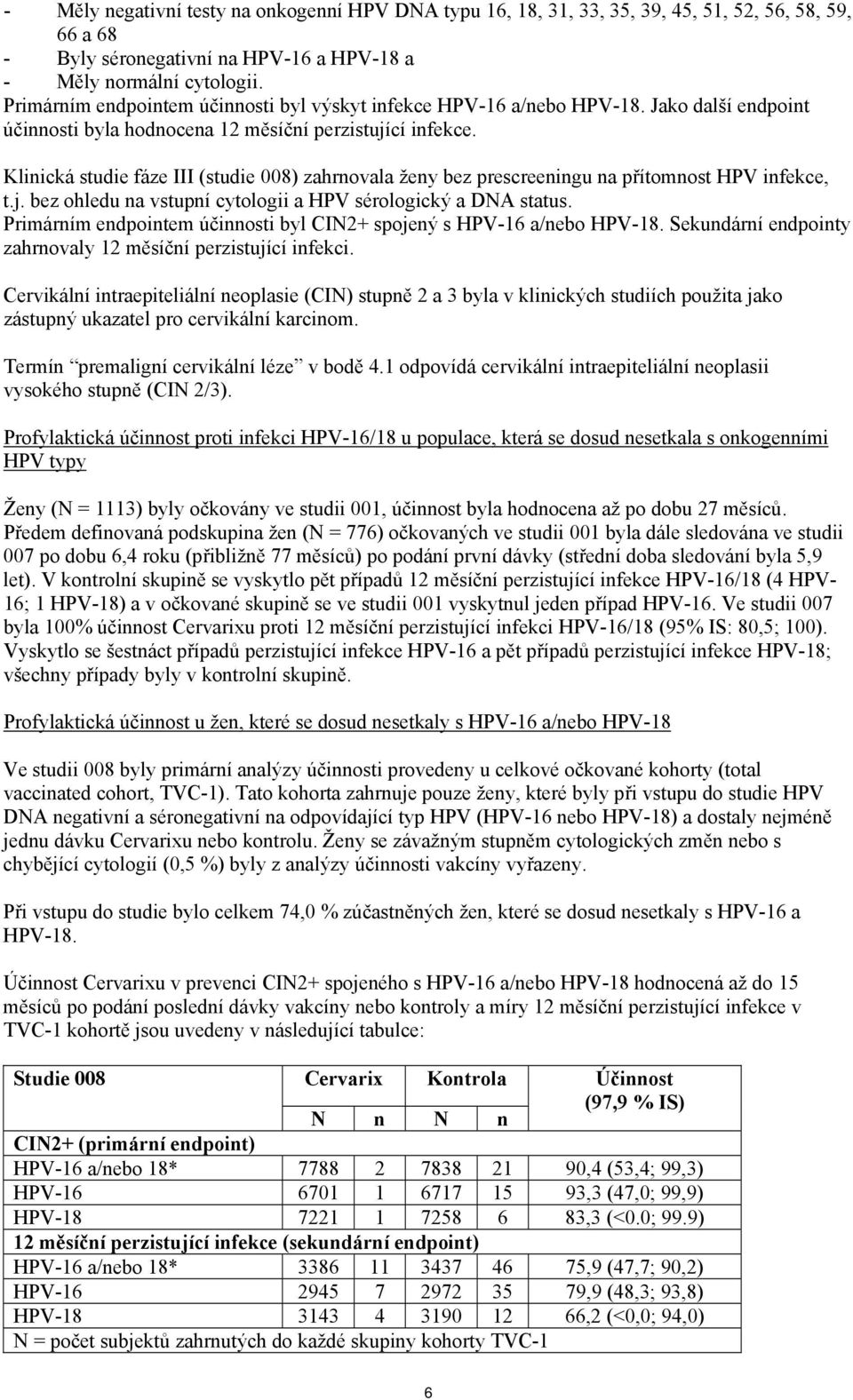 Klinická studie fáze III (studie 008) zahrnovala ženy bez prescreeningu na přítomnost HPV infekce, t.j. bez ohledu na vstupní cytologii a HPV sérologický a DNA status.