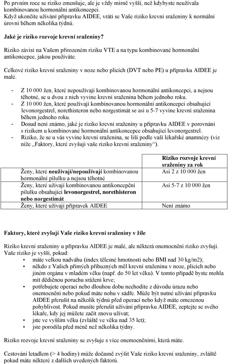 Riziko závisí na Vašem přirozeném riziku VTE a na typu kombinované hormonální antikoncepce, jakou používáte.