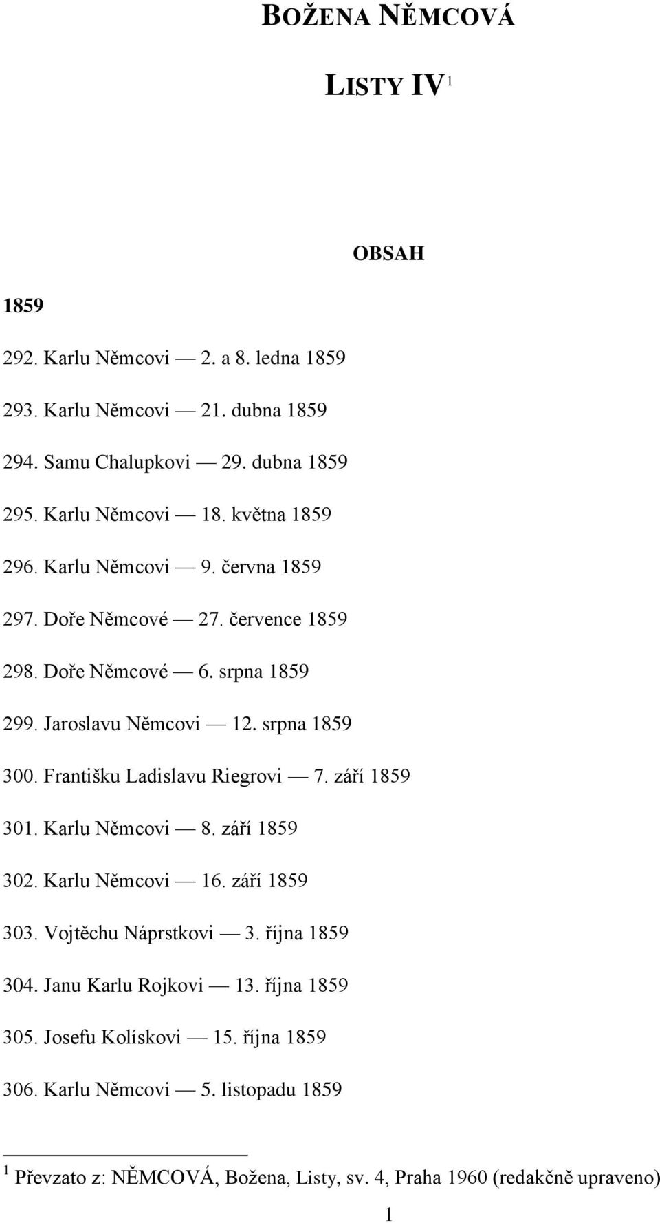 srpna 1859 300. Františku Ladislavu Riegrovi 7. září 1859 301. Karlu Němcovi 8. září 1859 302. Karlu Němcovi 16. září 1859 303. Vojtěchu Náprstkovi 3. října 1859 304.