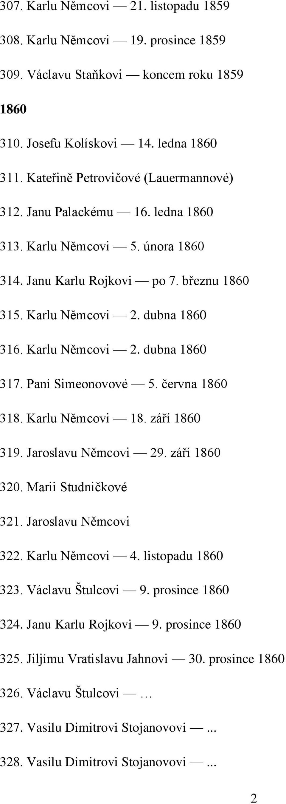 Karlu Němcovi 2. dubna 1860 317. Paní Simeonovové 5. června 1860 318. Karlu Němcovi 18. září 1860 319. Jaroslavu Němcovi 29. září 1860 320. Marii Studničkové 321. Jaroslavu Němcovi 322.