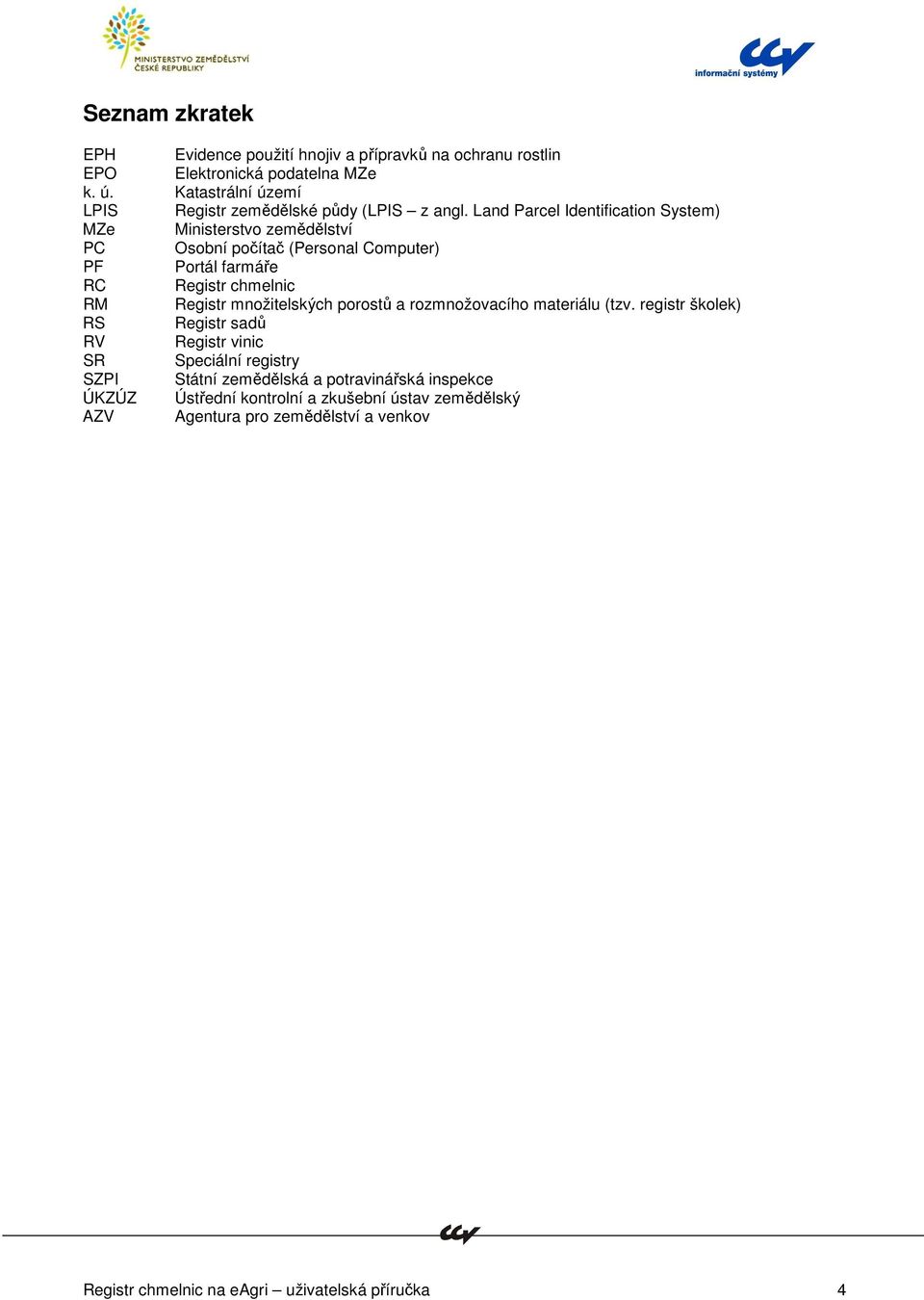Land Parcel Identification System) MZe Ministerstvo zemědělství PC Osobní počítač (Personal Computer) PF Portál farmáře RC Registr chmelnic RM Registr