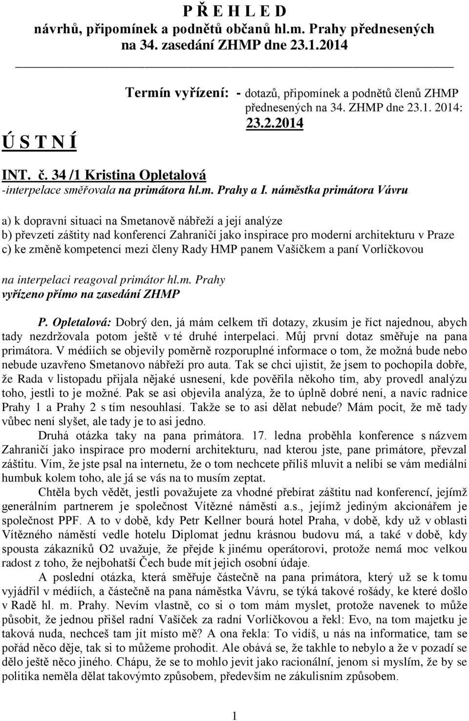 náměstka primátora Vávru a) k dopravní situaci na Smetanově nábřeží a její analýze b) převzetí záštity nad konferencí Zahraničí jako inspirace pro moderní architekturu v Praze c) ke změně kompetencí