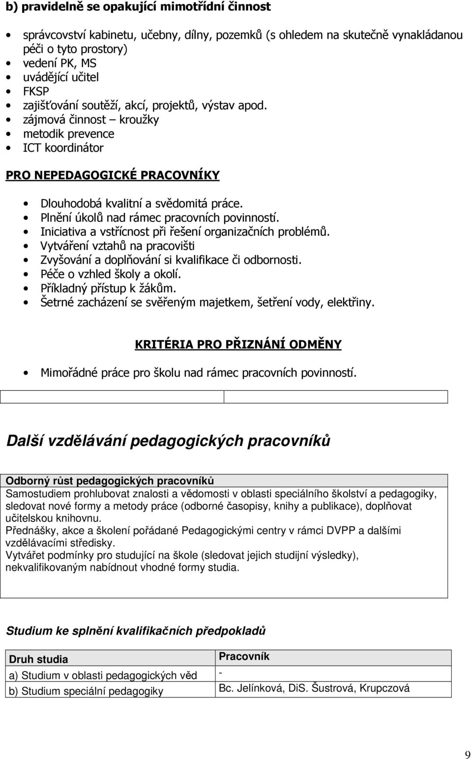 Plnění úkolů nad rámec pracovních povinností. Iniciativa a vstřícnost při řešení organizačních problémů. Vytváření vztahů na pracovišti Zvyšování a doplňování si kvalifikace či odbornosti.