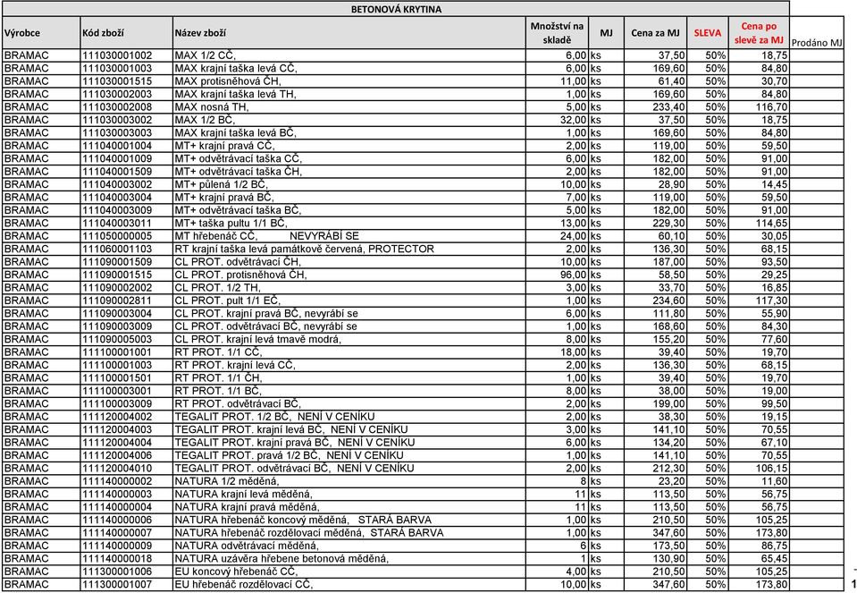 37,50 50% 18,75 BRAMAC 111030003003 MAX krajní taška levá BČ, 1,00 ks 169,60 50% 84,80 BRAMAC 111040001004 MT+ krajní pravá CČ, 2,00 ks 119,00 50% 59,50 BRAMAC 111040001009 MT+ odvětrávací taška CČ,