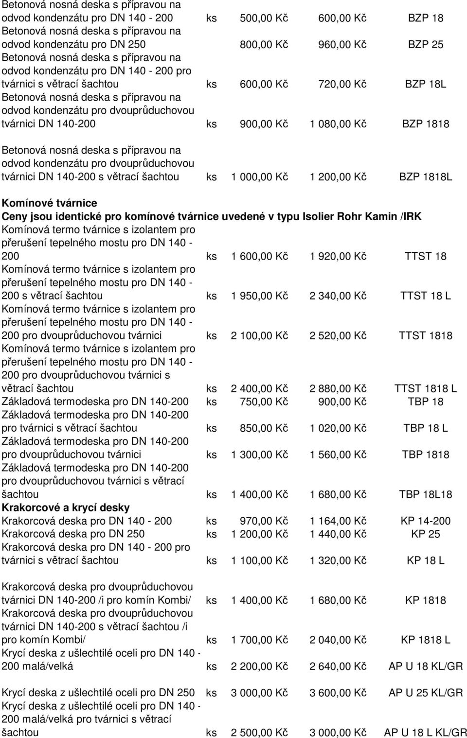 200,00 Kč BZP 1818L Komínové tvárnice Ceny jsou identické pro komínové tvárnice uvedené v typu Isolier Rohr Kamin /IRK 200 ks 1 600,00 Kč 1 920,00 Kč TTST 18 200 s větrací šachtou ks 1 950,00 Kč 2