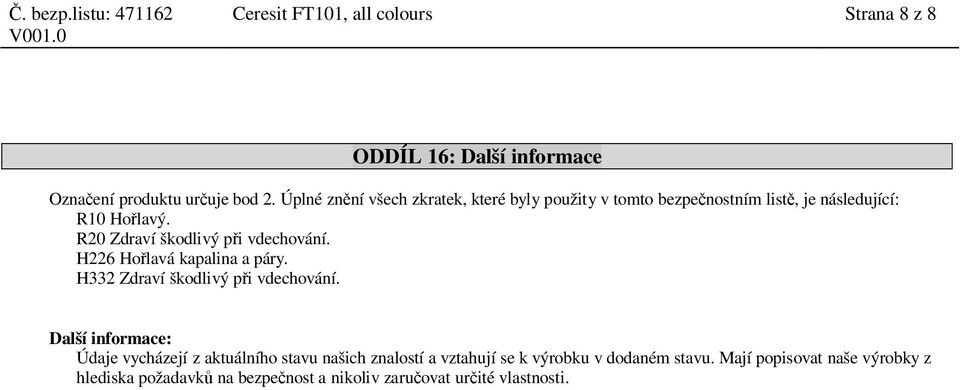 R20 Zdraví škodlivý p i vdechování. H226 Ho lavá kapalina a páry. H332 Zdraví škodlivý p i vdechování.