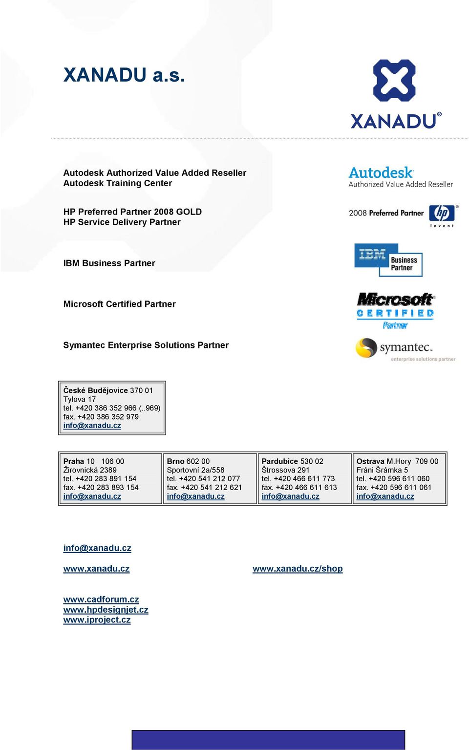 Symantec Enterprise Solutions Partner České Budějovice 370 01 Tylova 17 tel. +420 386 352 966 (..969) fax. +420 386 352 979 Praha 10 106 00 Žirovnická 2389 tel.