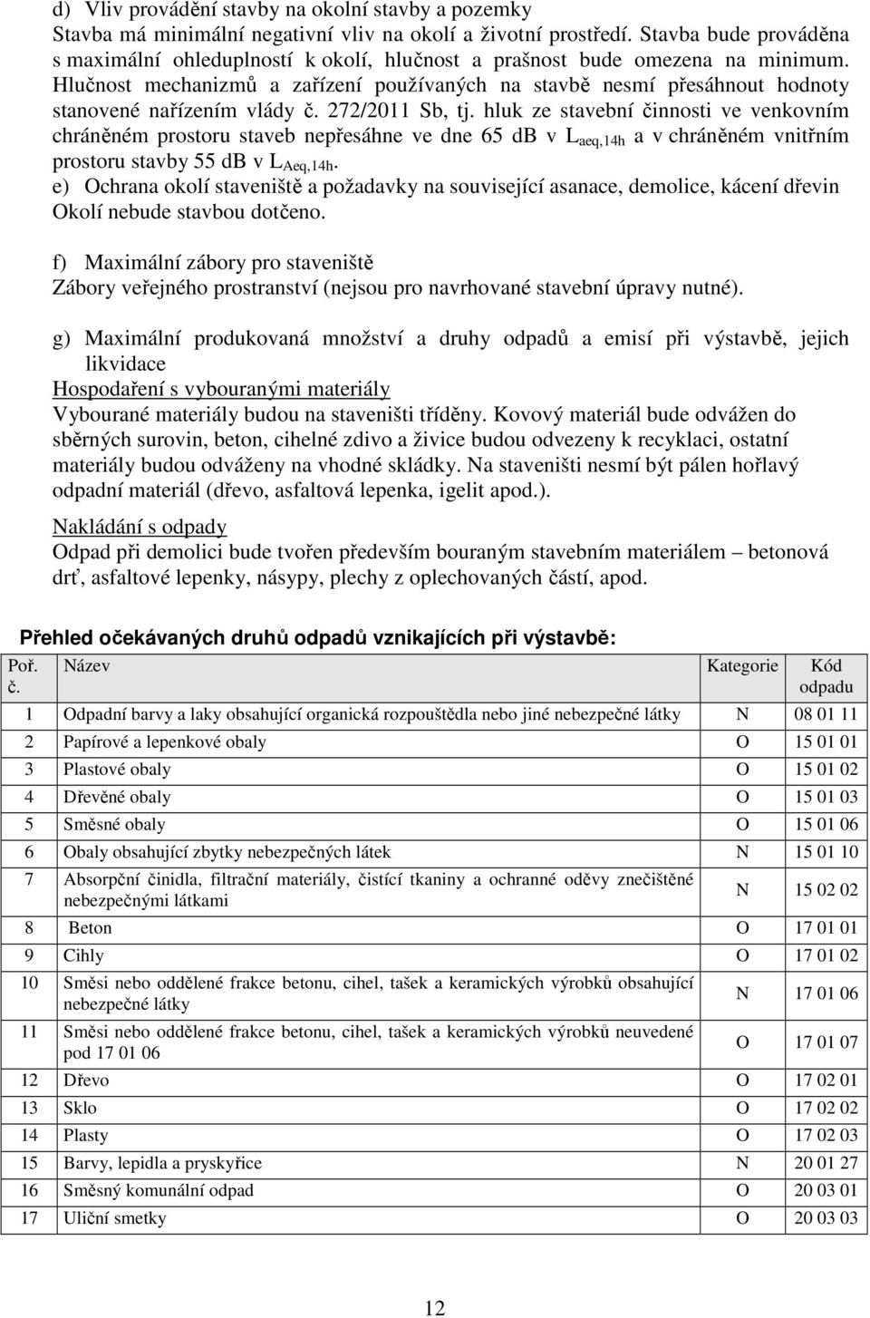 Hlučnost mechanizmů a zařízení používaných na stavbě nesmí přesáhnout hodnoty stanovené nařízením vlády č. 272/2011 Sb, tj.